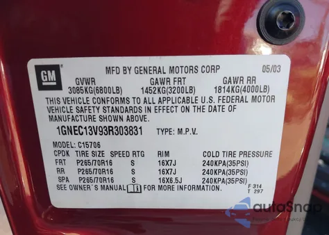 2003 Chevrolet Tahoe Ls from USA, damaged, VIN 1GNEC13V93R303831